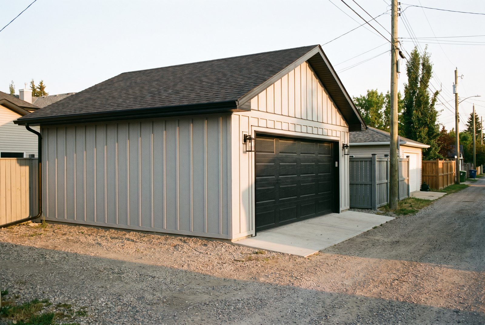 Detached double garage from the lane, overhead door closed